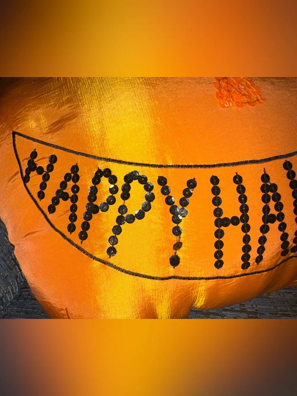 Orange Sequin Pumpkin Holiday Pillow - Happy Halloween 18” x 18”